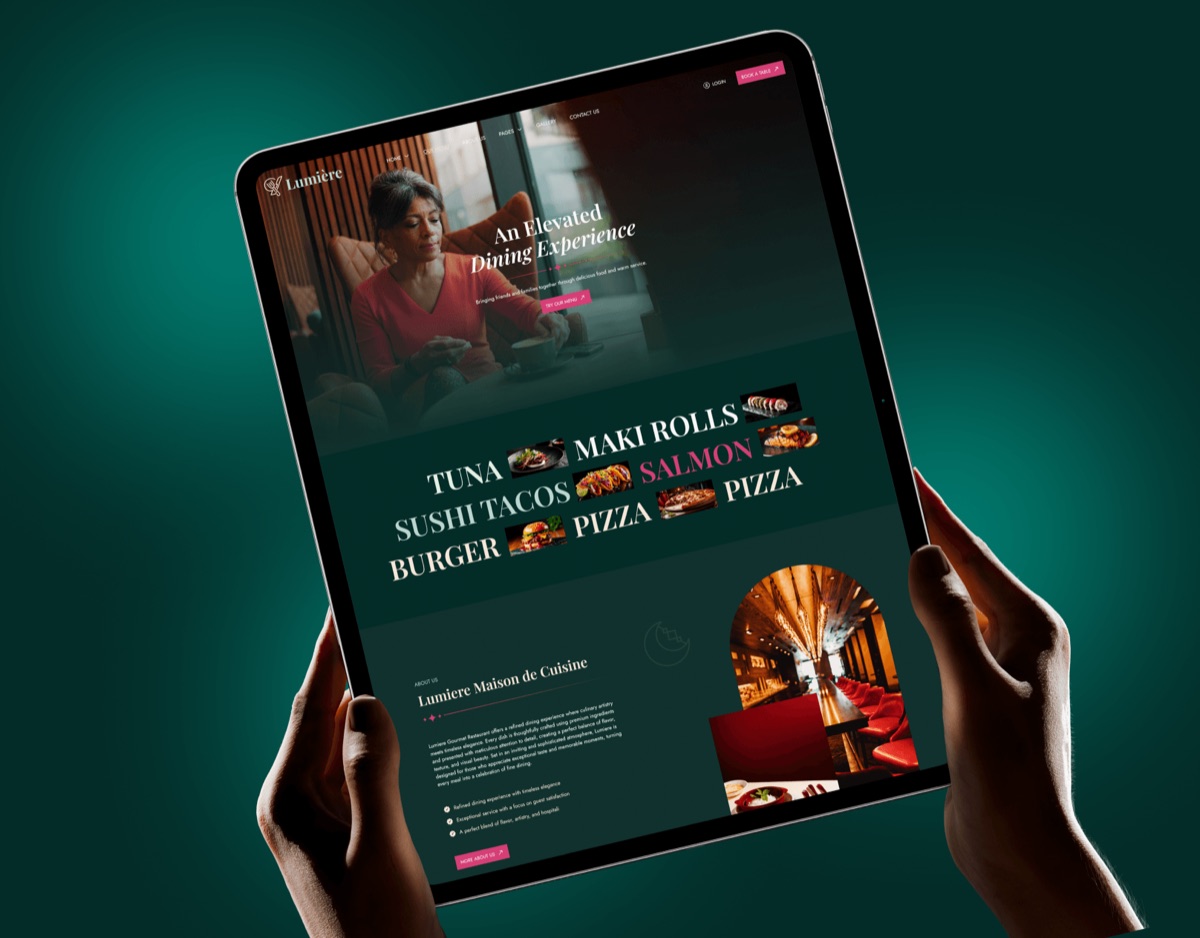 a proper business website with menu and bookings, held in hand